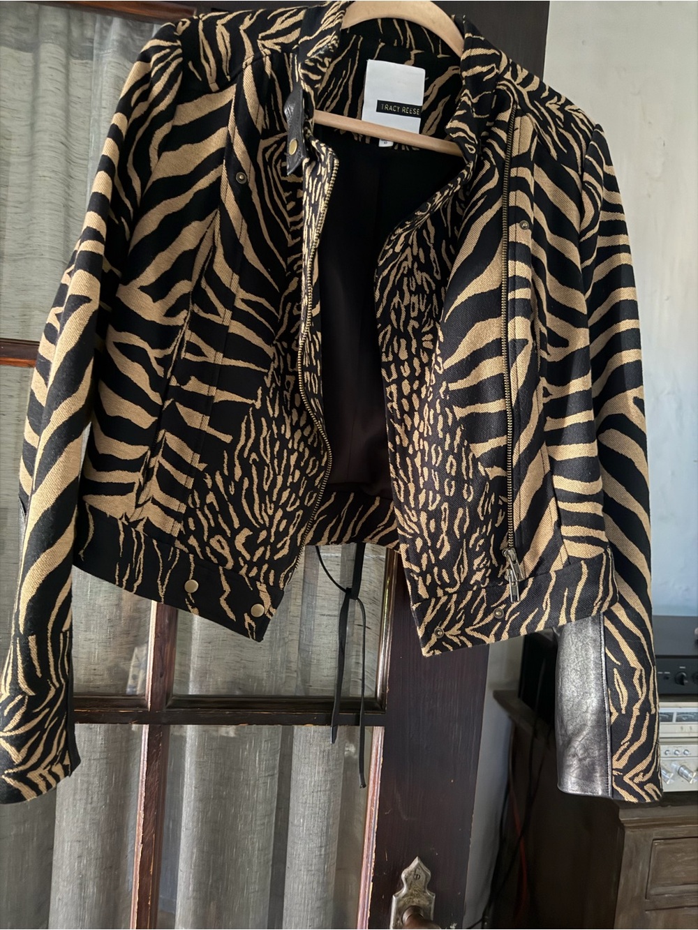 Tracy Reese Black and Tan Animal-Print Moto Jacket